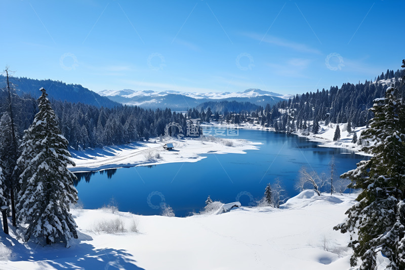 高清大图下载【趣麦麦图】冬季河流松树