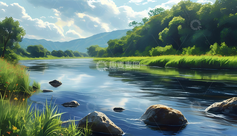 高清大图下载【趣麦麦图】河水白云大山