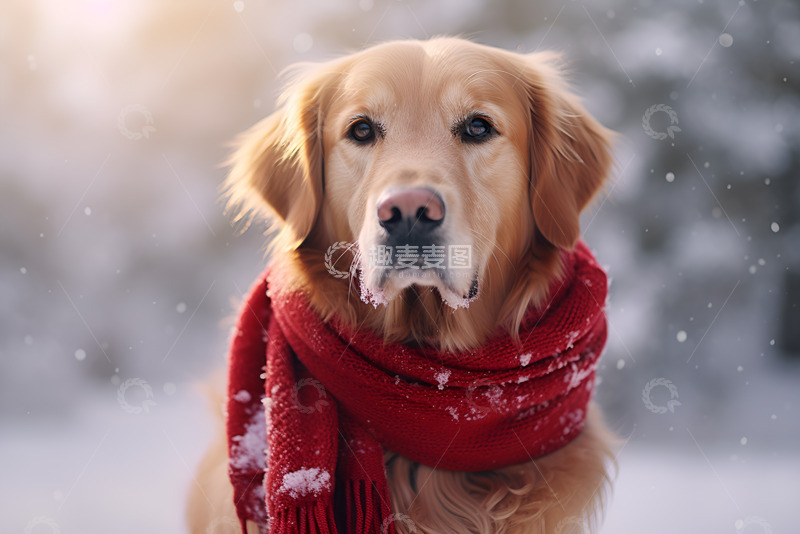 高清大图下载【趣麦麦图】围着红色围巾的金毛