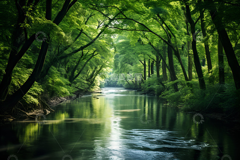 高清大图下载【趣麦麦图】河流两岸边生长着大树