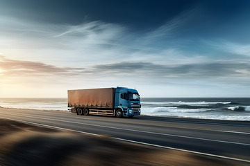 大海边公路上行驶的卡车
