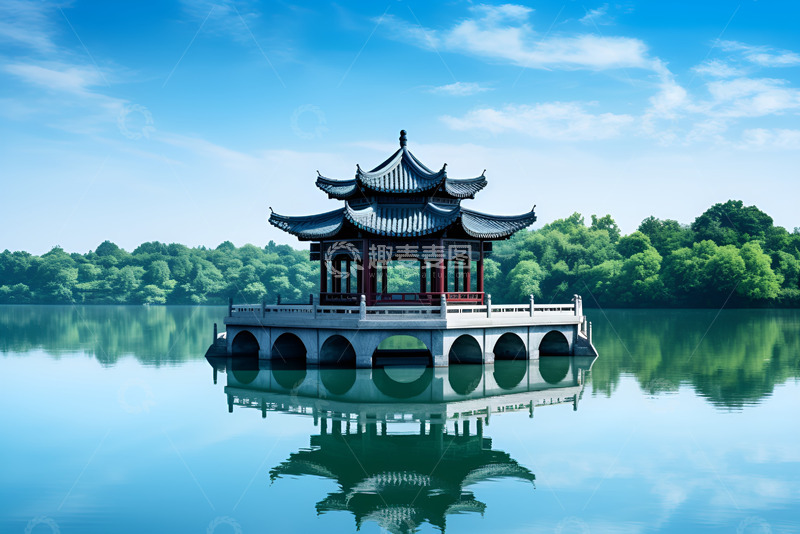 高清大图下载【趣麦麦图】湖中凉亭倒影