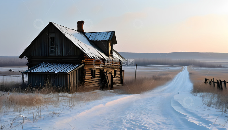 高清大图下载【趣麦麦图】雪地房子小路