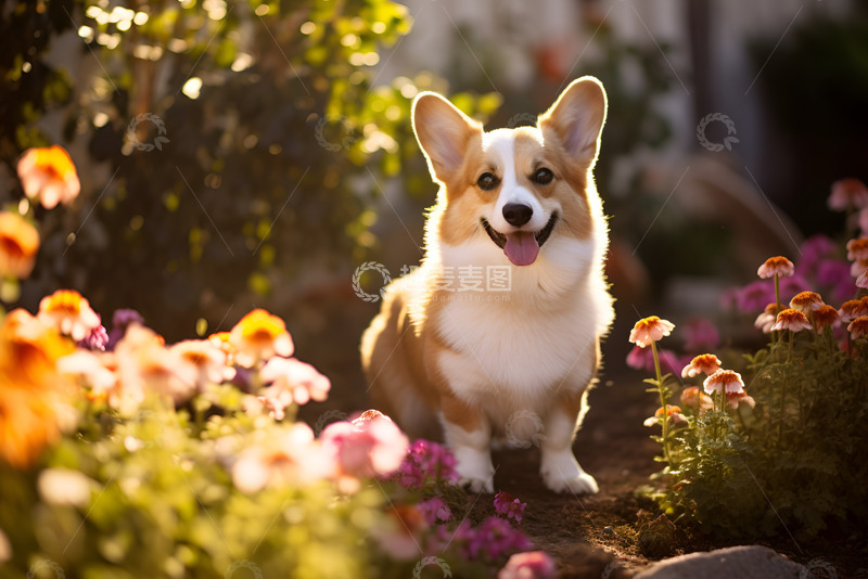 高清大图下载【趣麦麦图】坐在花丛中的小柯基
