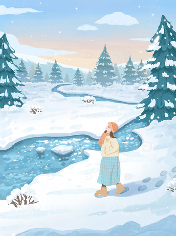 手绘水彩冬天雪景女孩简约插画