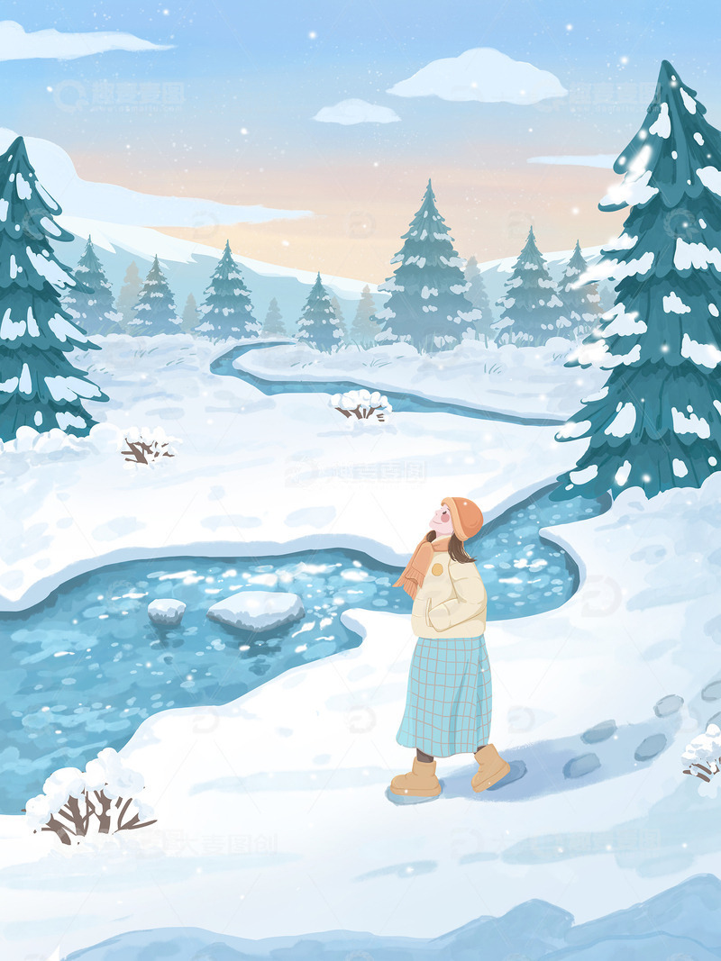 手绘水彩冬天雪景女孩简约插画