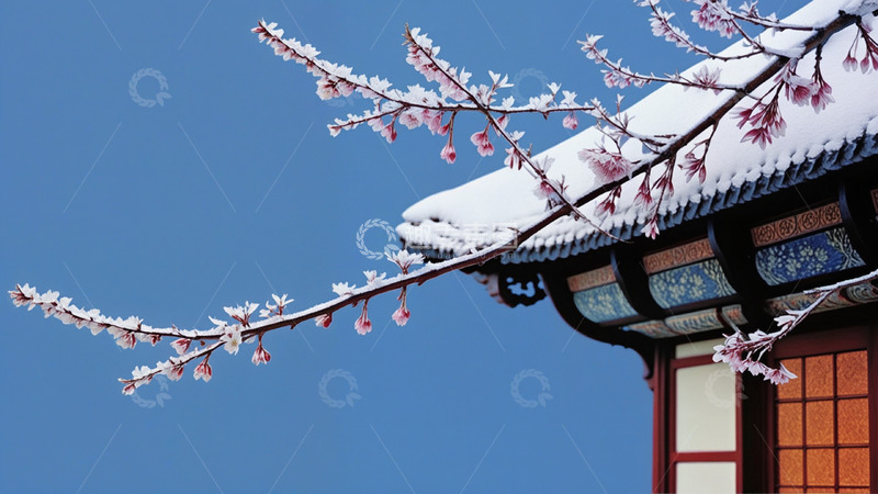 源文件下载【趣麦麦图】冬天雪花梅花屋檐霜降小雪大雪