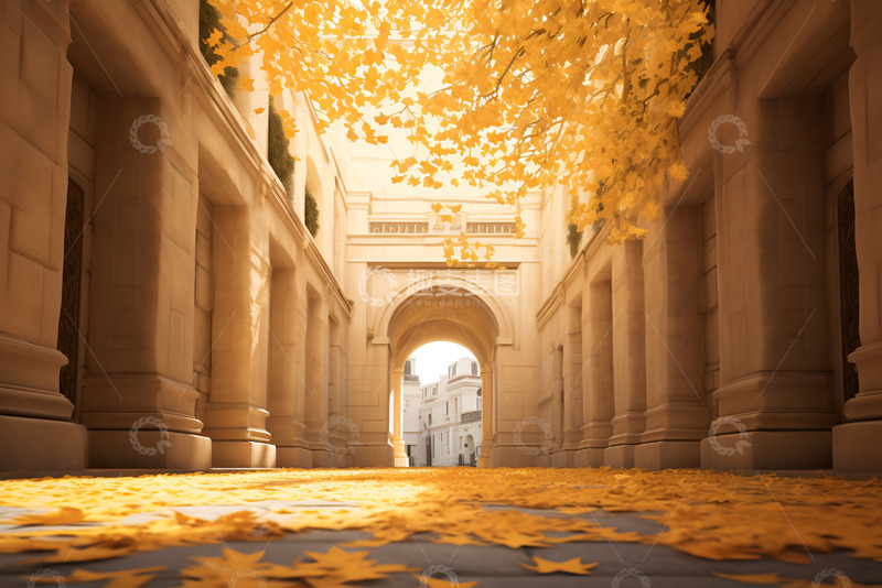 高清大图下载【趣麦麦图】古老建筑落叶满地