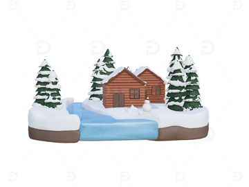 冬天雪地木屋松树雪人小场