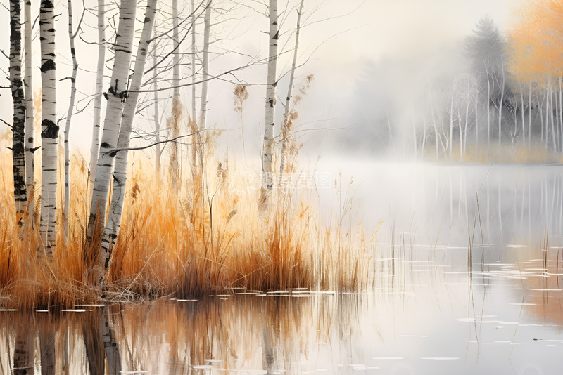 高清大图下载【趣麦麦图】湖畔的白桦林树