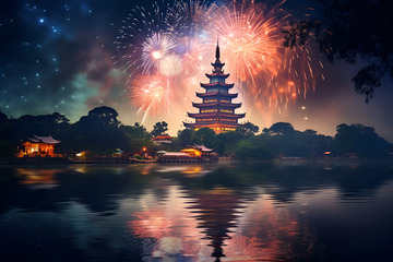 江面宝塔烟花美景