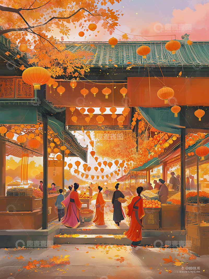 源文件下载【趣麦麦图】春节市集汉服风情