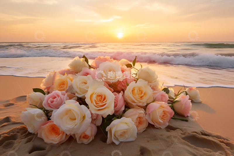 高清大图下载【趣麦麦图】海边放着一束粉色玫瑰