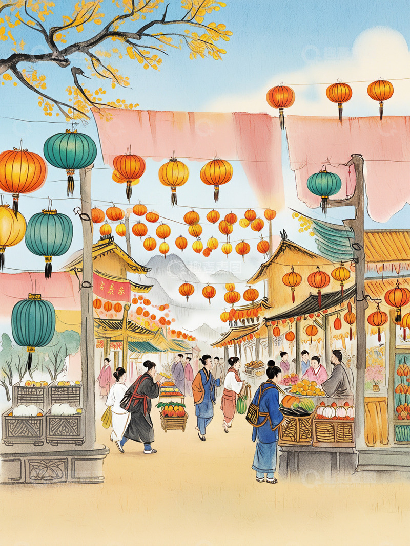源文件下载【趣麦麦图】手绘水春节市集