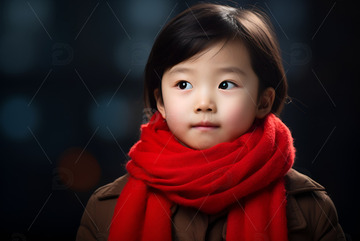 围着红色围巾的小孩