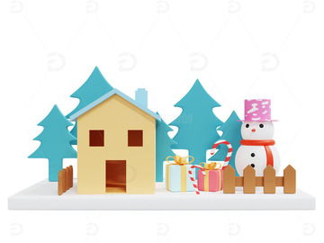 冬天房子松树雪人礼盒拐棍小房