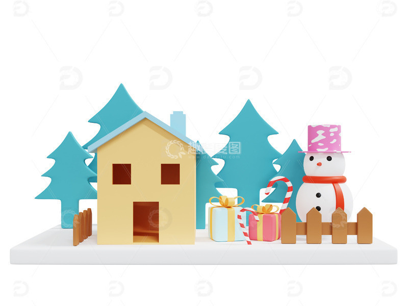冬天房子松树雪人礼盒拐棍小房