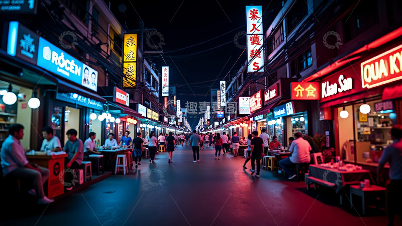 高清大图下载【趣麦麦图】晚上热闹的小吃摊