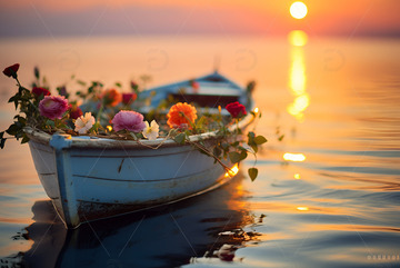 湖面上装满鲜花的小船