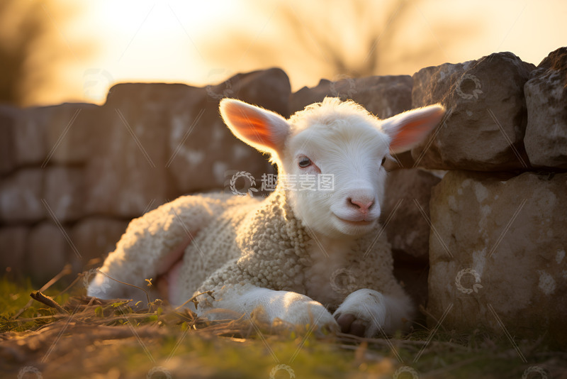 高清大图下载【趣麦麦图】靠在石墙边的小羊羔