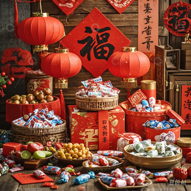 高清大图下载【趣麦麦图】AI生成年货零食小吃摆放图片1