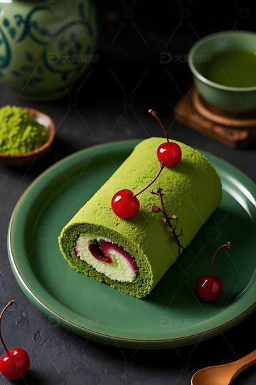抹茶味蛋糕卷摄影图1