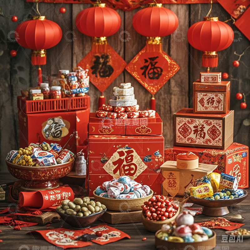 高清大图下载【趣麦麦图】AI生成年货零食小吃摆放图片
