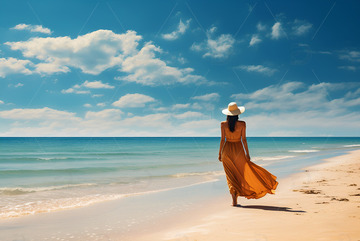 沙滩边散步的美女