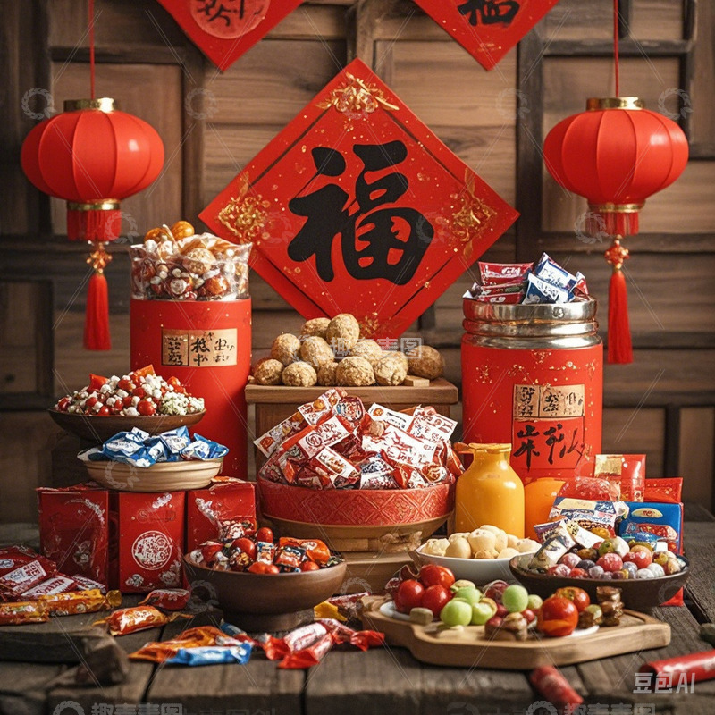 高清大图下载【趣麦麦图】AI生成年货零食小吃摆放图片2