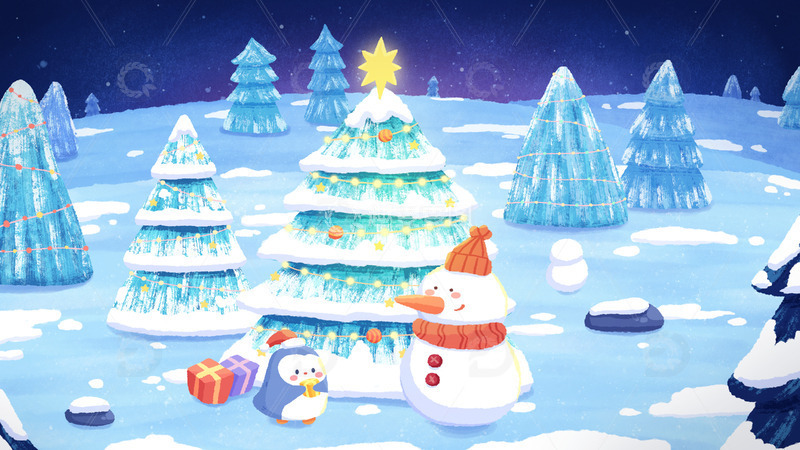 源文件下载【趣麦麦图】清新治愈雪人企鹅冬季夜晚雪地圣诞手绘插画