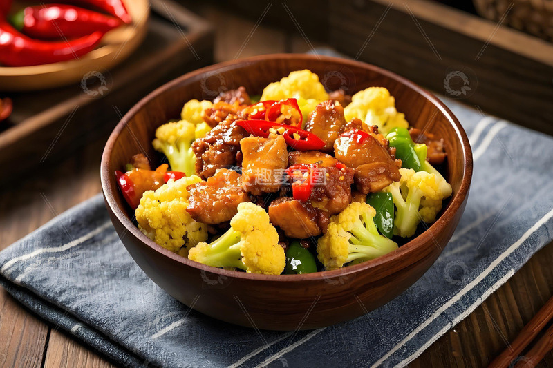 高清大图下载【趣麦麦图】菜花炒肉美食摄影图1