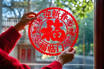 春节贴窗花摄影图