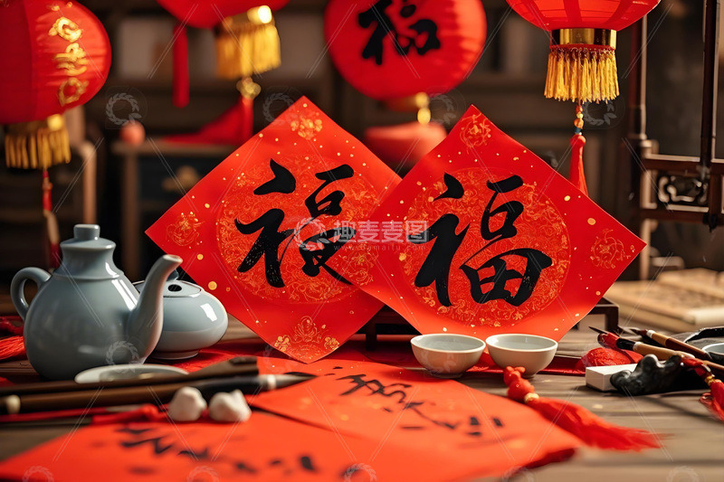 春节毛笔福字摄影图