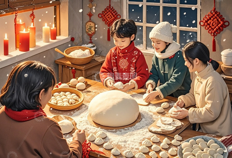 高清大图下载【趣麦麦图】一家人团圆 春节除夕包饺子