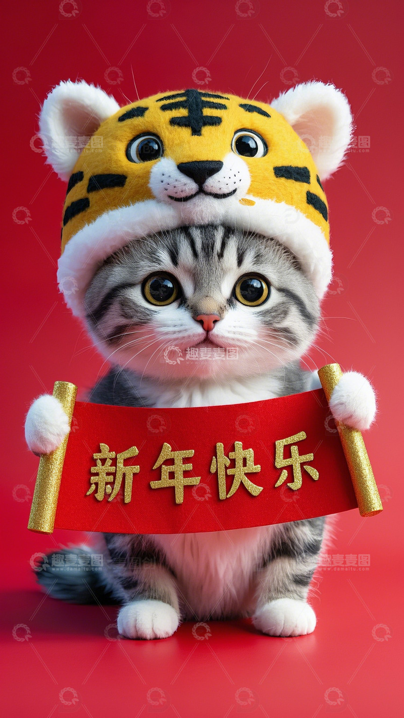 高清大图下载【趣麦麦图】可爱的小猫举着新年快乐的横幅手机壳设计