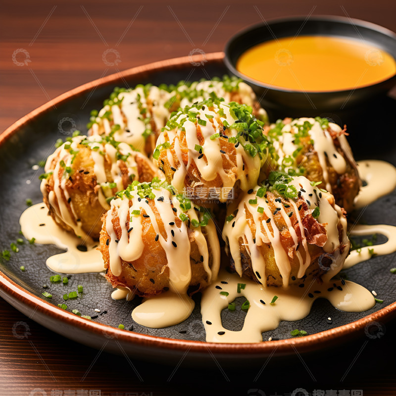 高清大图下载【趣麦麦图】淋上沙拉酱汁的章鱼丸子