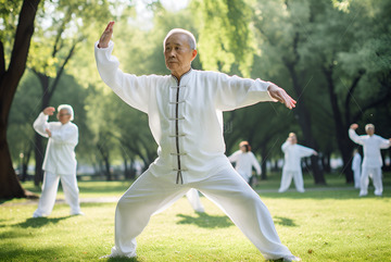 公园草地上练习太极的老人