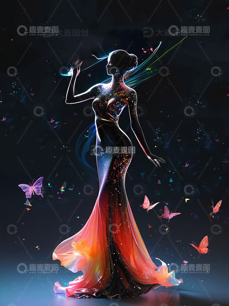 高清大图下载【趣麦麦图】穿着炫彩长裙的女性剪影光影插画1