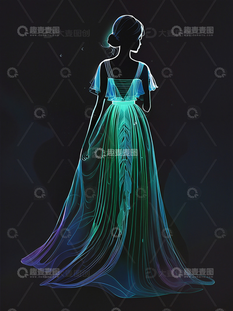 高清大图下载【趣麦麦图】穿长裙的女性剪影光影插画1