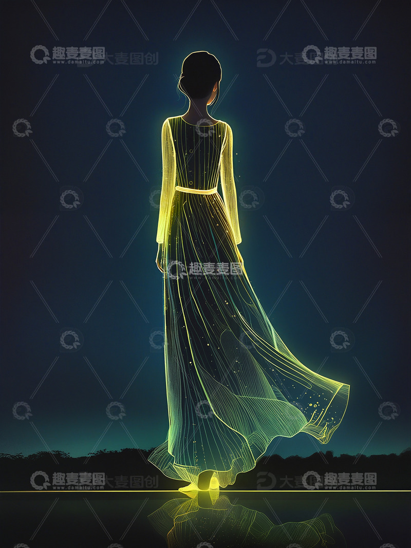 高清大图下载【趣麦麦图】穿长裙的女性剪影光影插画