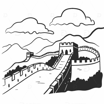 中国北京地标建筑长城古代建筑线稿1