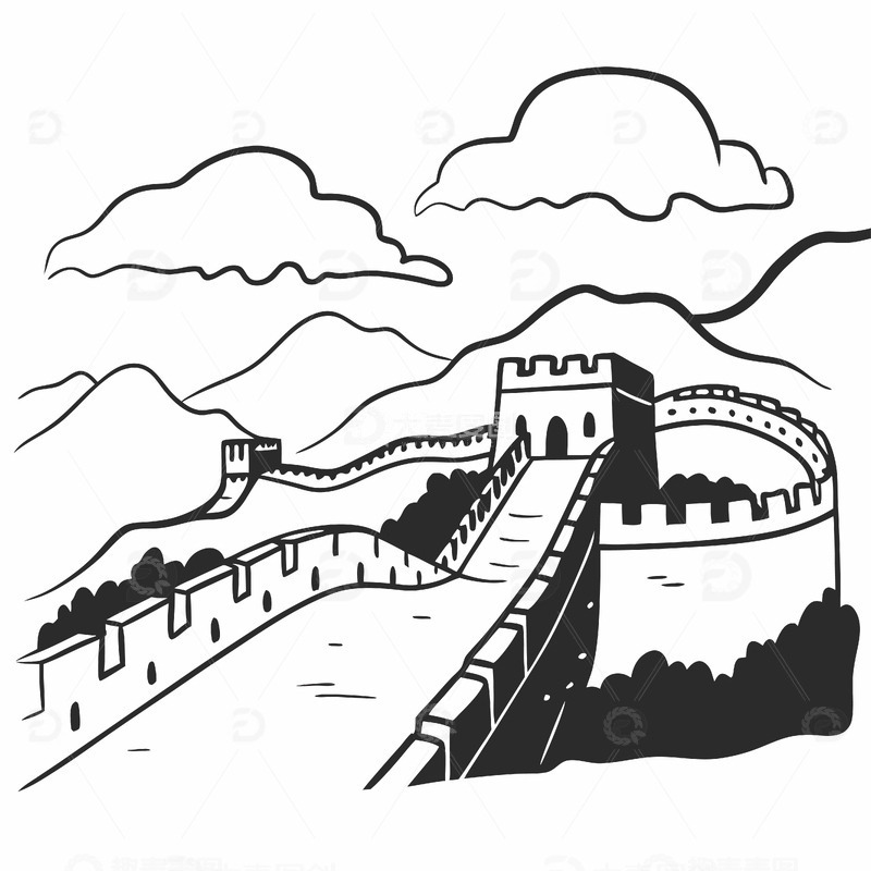 中国北京地标建筑长城古代建筑线稿1
