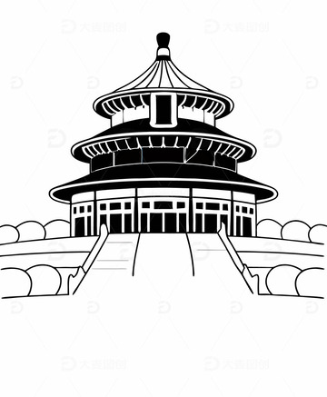 中国北京地标建筑故宫祈年殿古代建筑线稿