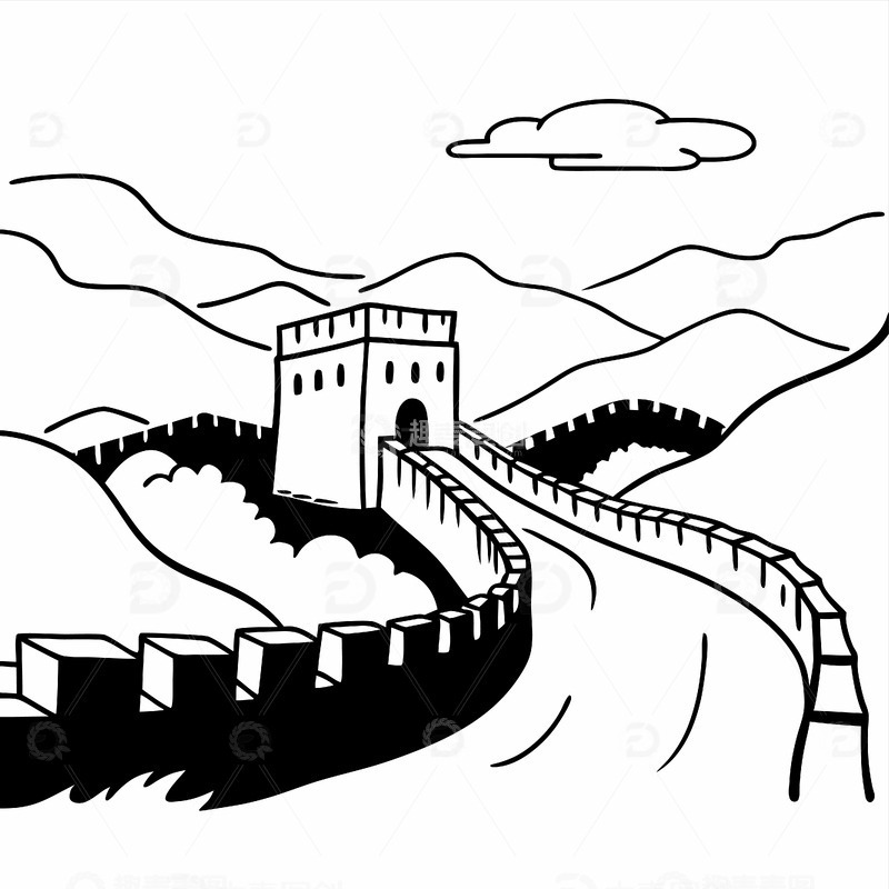 中国北京地标建筑长城古代建筑线稿