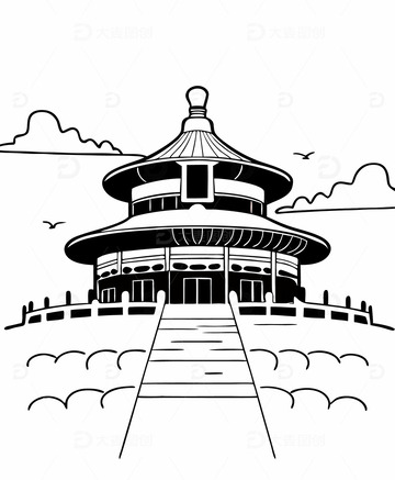 中国北京地标建筑故宫祈年殿古代建筑线稿1