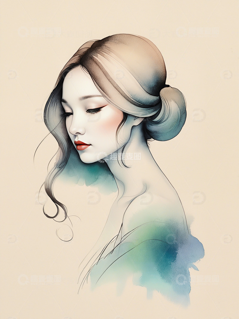 高清大图下载【趣麦麦图】美丽的女性水墨水彩插画11