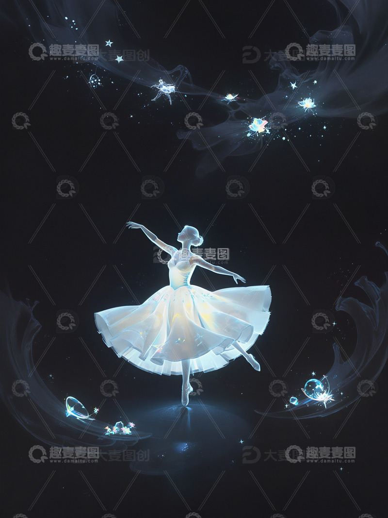 高清大图下载【趣麦麦图】跳芭蕾舞的女孩光影插画5