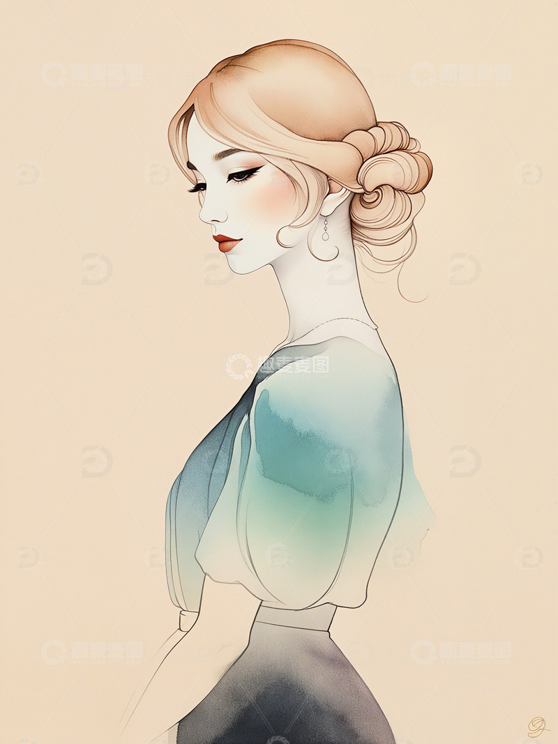 高清大图下载【趣麦麦图】美丽的女性水墨水彩插画2