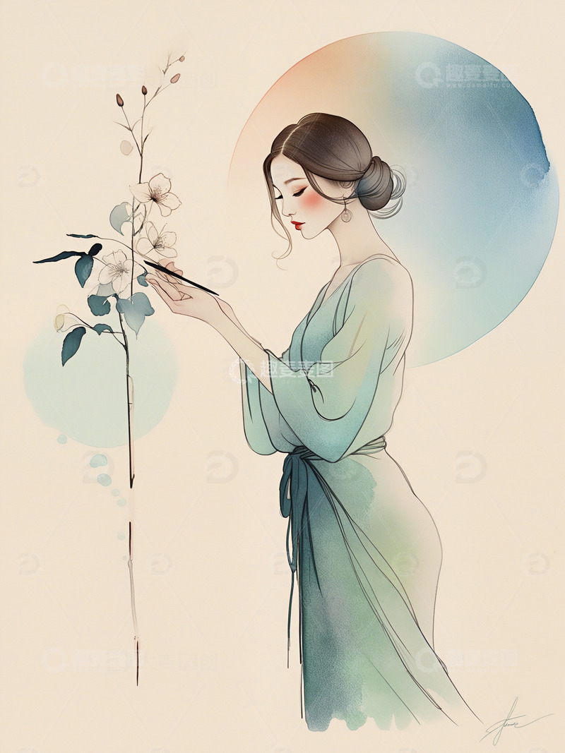 高清大图下载【趣麦麦图】美丽的女性水墨水彩插画3