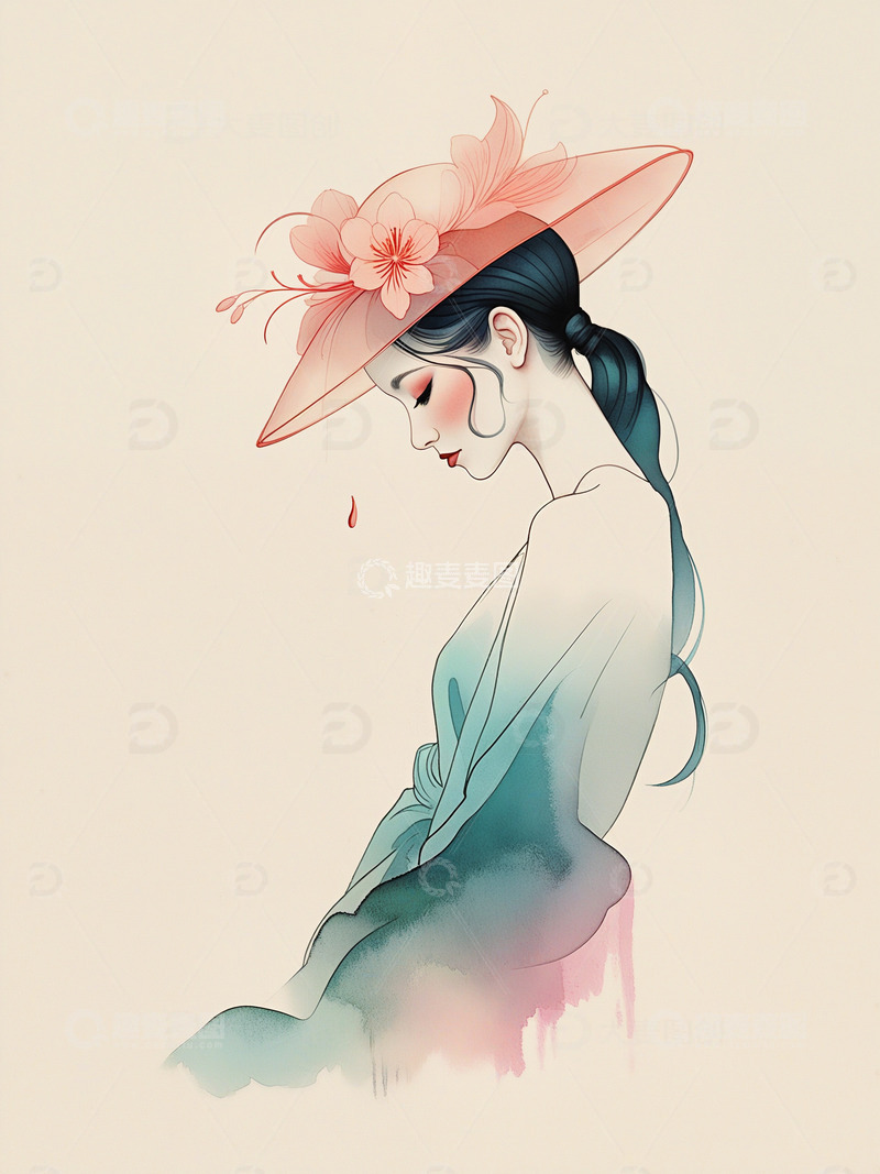 高清大图下载【趣麦麦图】美丽的女性水墨水彩插画9